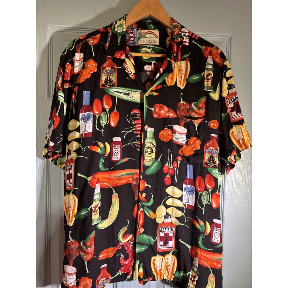 Vintage Paradise Found Hawaiian Shirt Sz XL Chili Peppers Hot Sauce Black Rayon